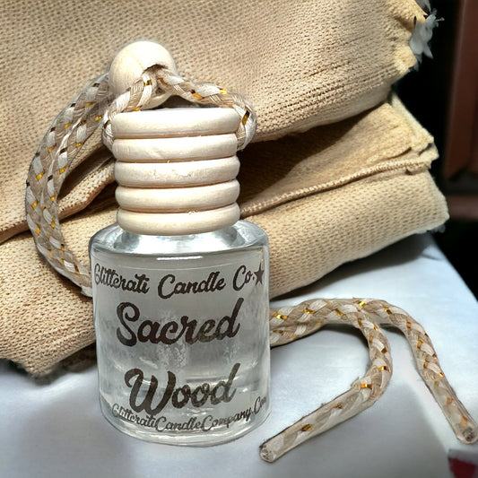 Sacred Wood (Palo Santo) Scented Hanging Car Oil Diffuser Freshener Glass Bottle