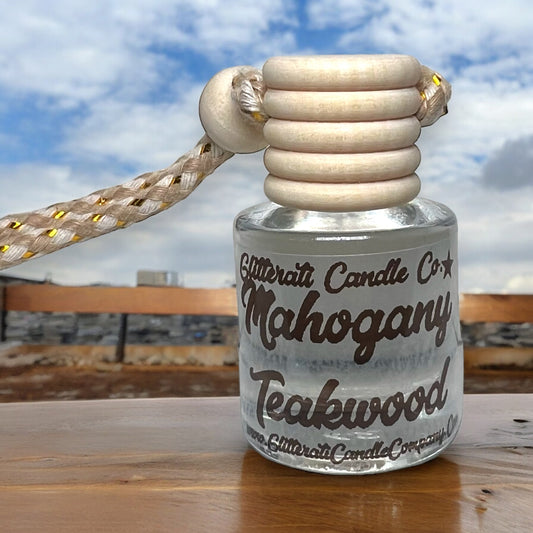 Mahogany Teakwood Hanging Car Oil Diffuser Freshener Glass Bottle